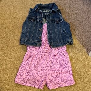 Cat & Jack Dark Denim Vest with Pink Floral Romper Set